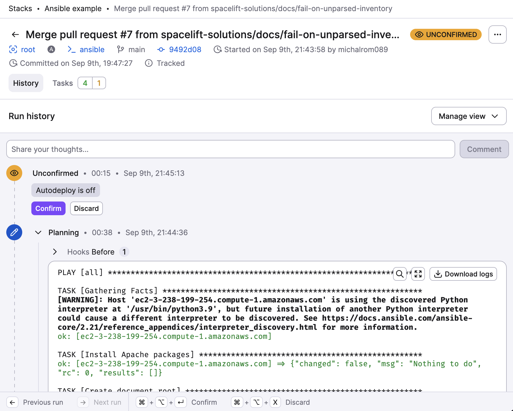Ansible stack in an unconfirmed state