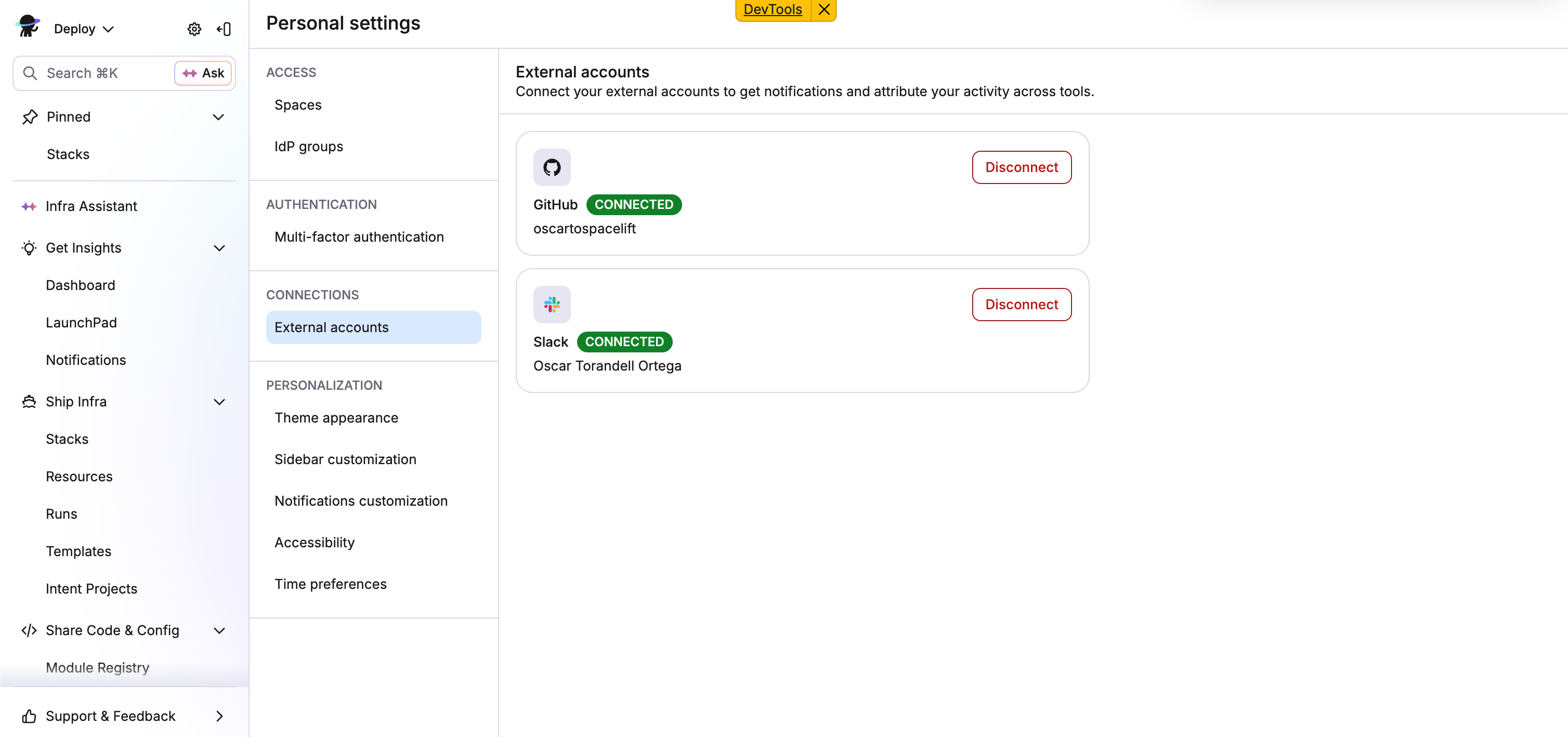 External accounts page