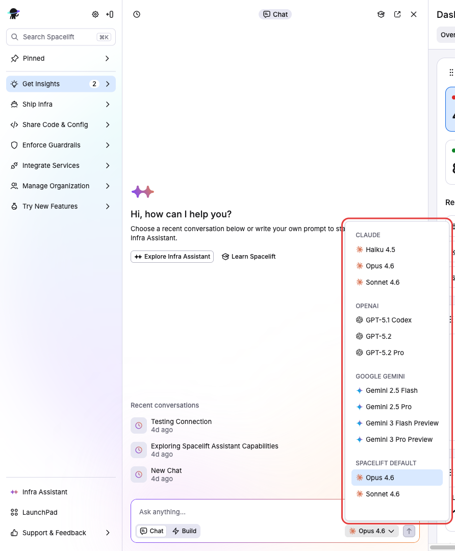 Infra Assistant model selector