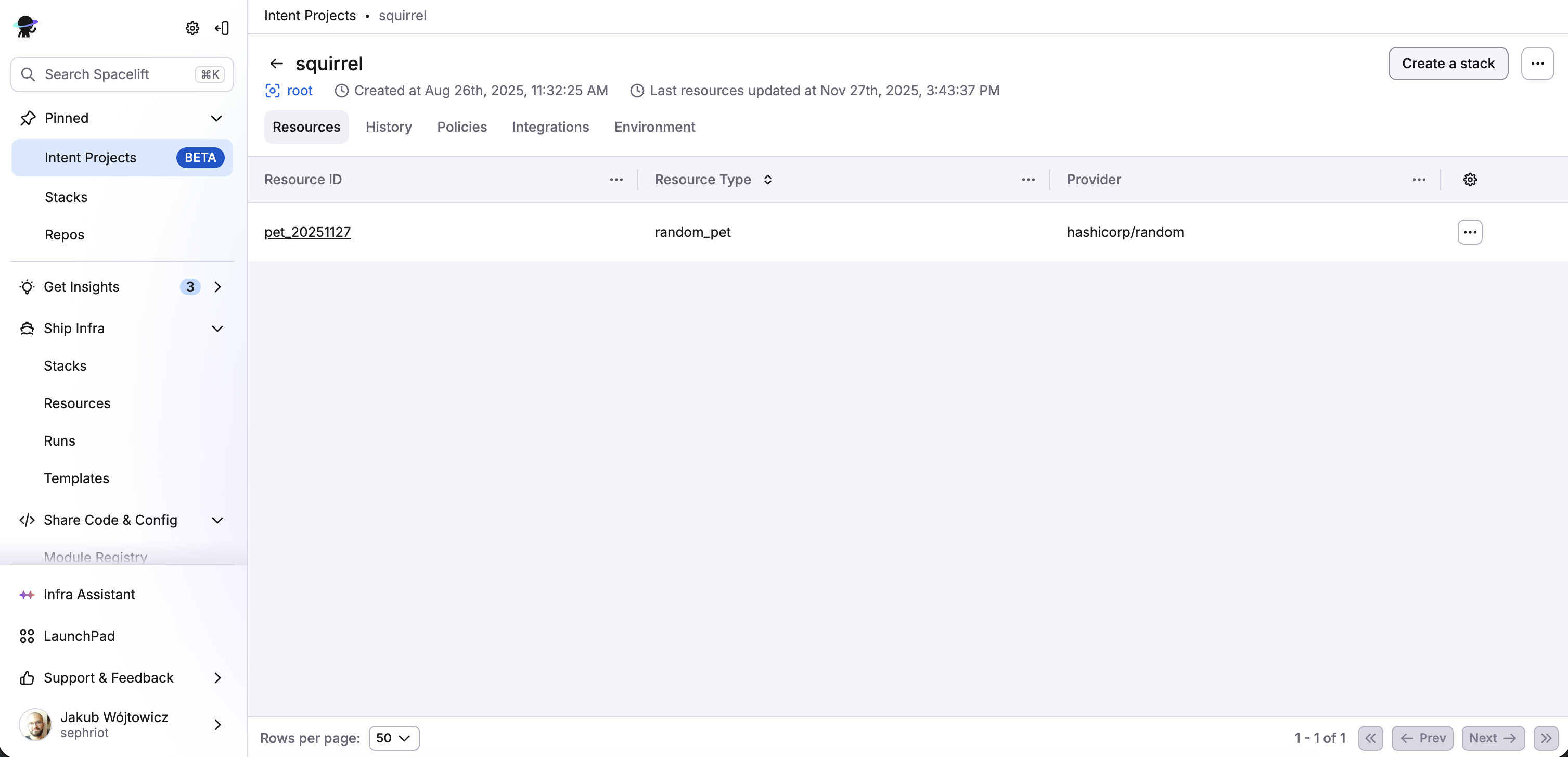 Create a stack button on Intent project page