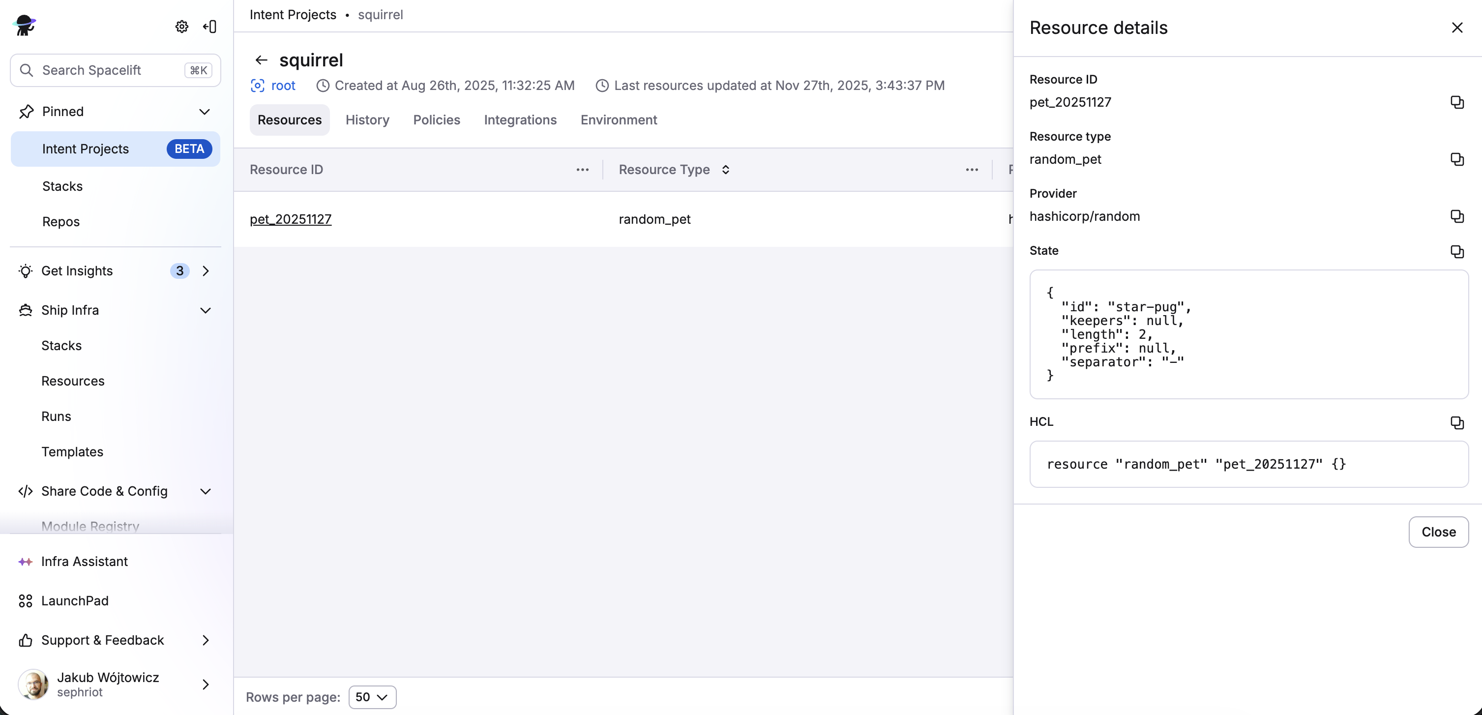 Resource detail drawer with HCL code