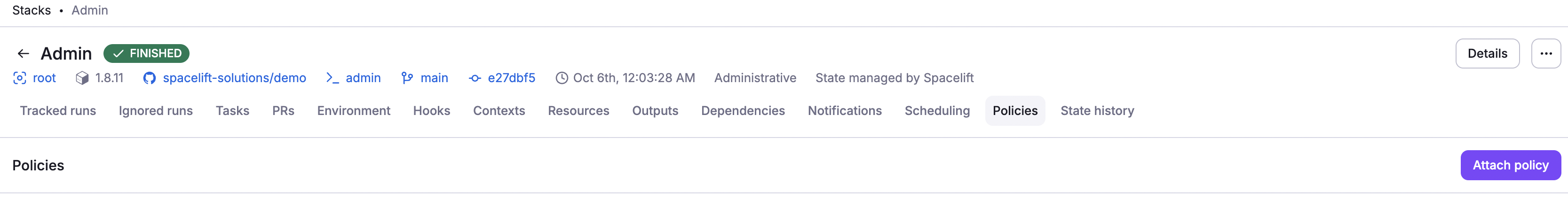 Select a policy and manually attach it to the stack