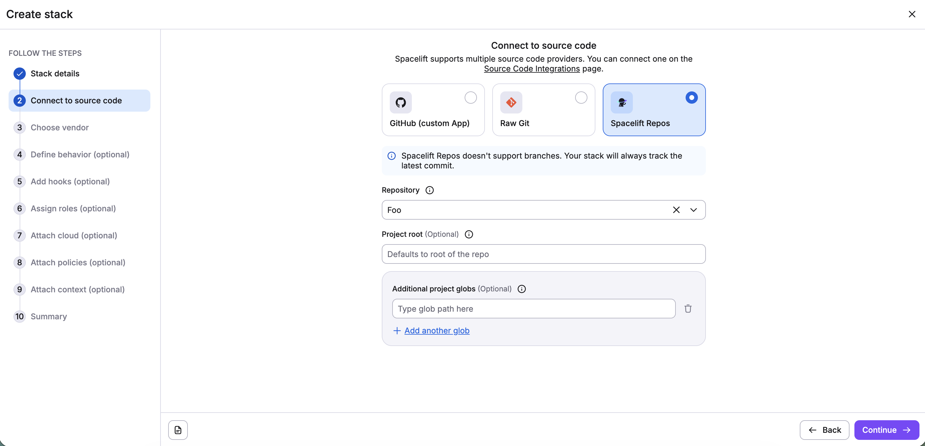 Stack creation with Spacelift VCS selected