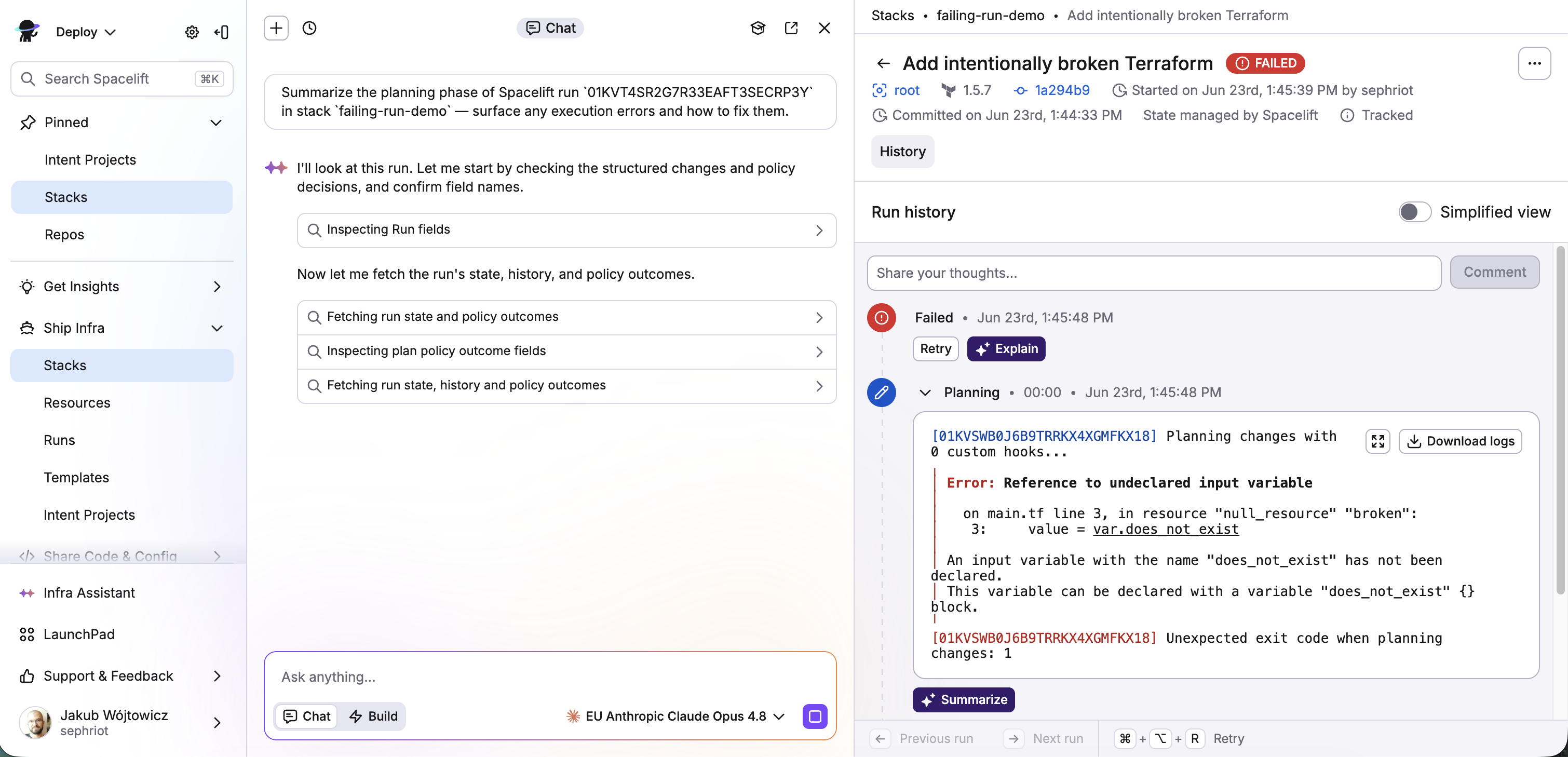 Summarizing a run with Infra Assistant