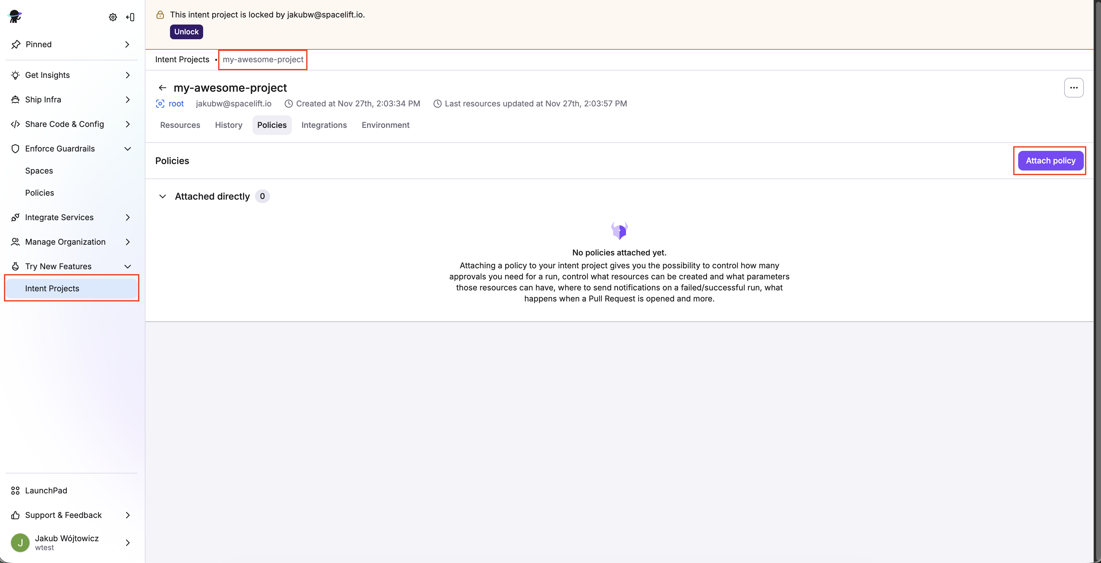 Spacelift UI: Attaching policy to the project