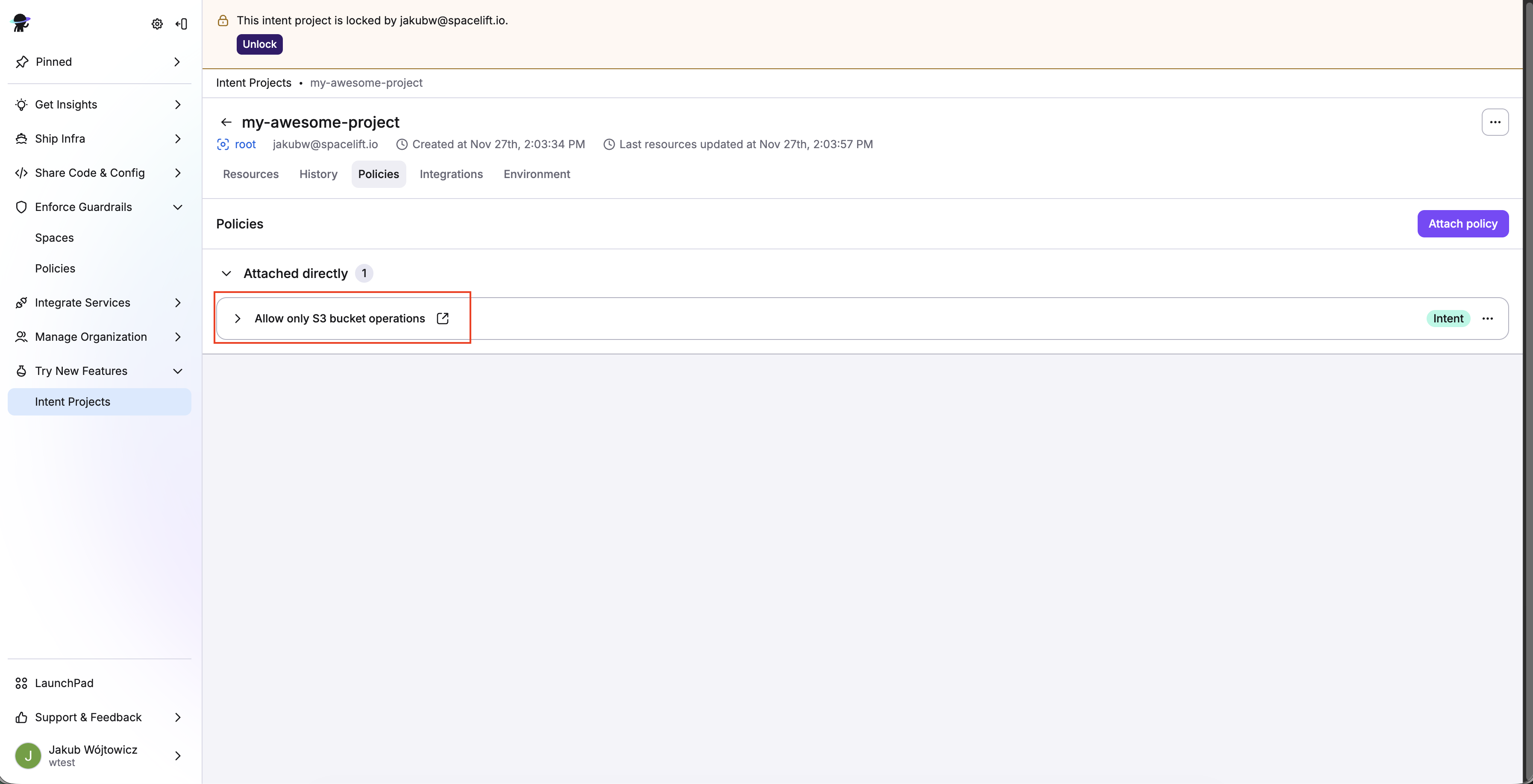 Spacelift UI: Intent policy attached