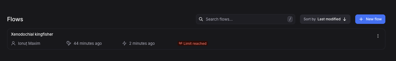 Project flow list with a Limit reached badge on a flow