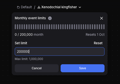 Monthly event limits popover showing the usage meter, the reset date, and the limit field
