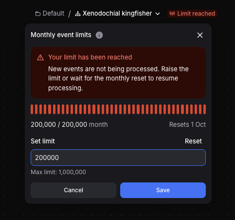 Monthly event limits popover with the limit reached banner and a Limit reached badge in the flow header