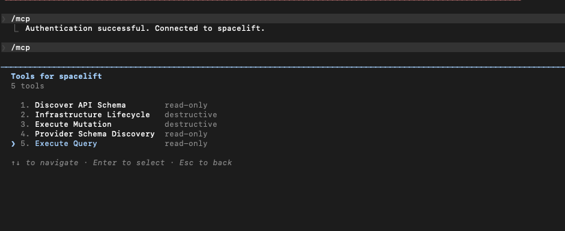 Claude Code: 5 tools exposed by the Spacelift MCP server with mcp:read + mcp:write