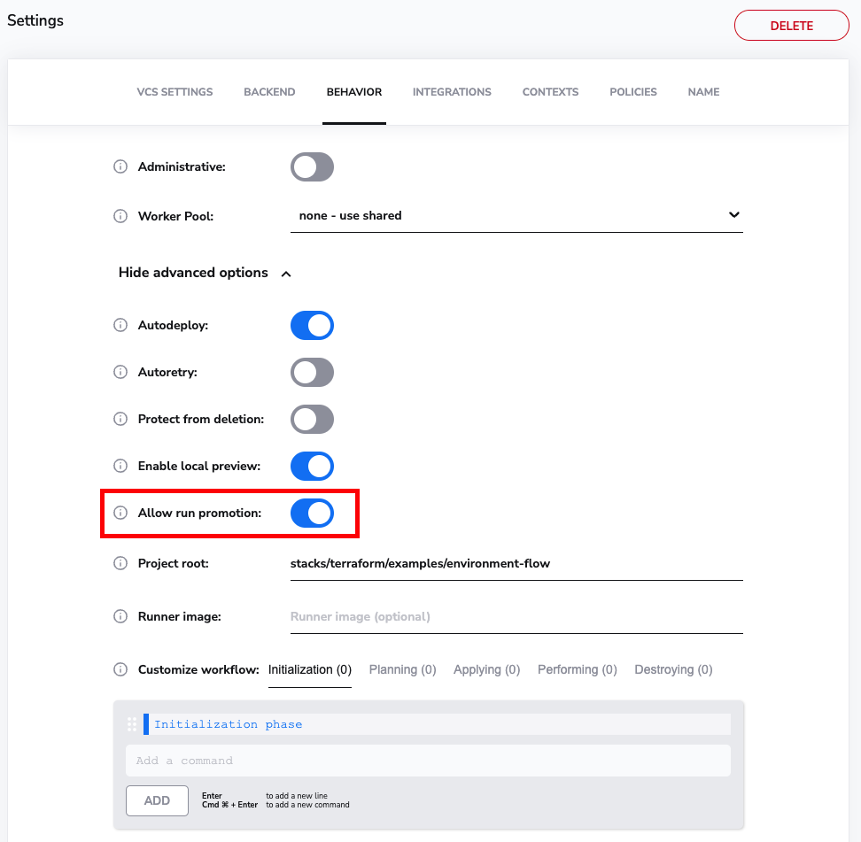 Enable the Allow run promotion feature within the Spacelift Stack's Settings.