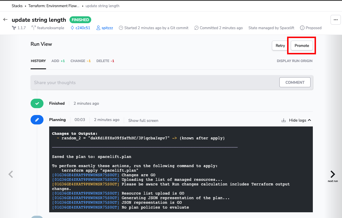 Promote a proposed run within Spacelift using the Promote button.