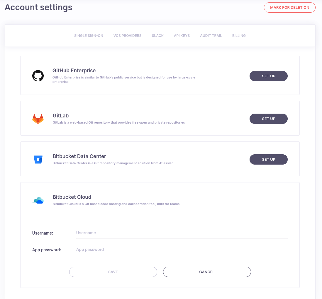 Bitbucket Cloud setup form