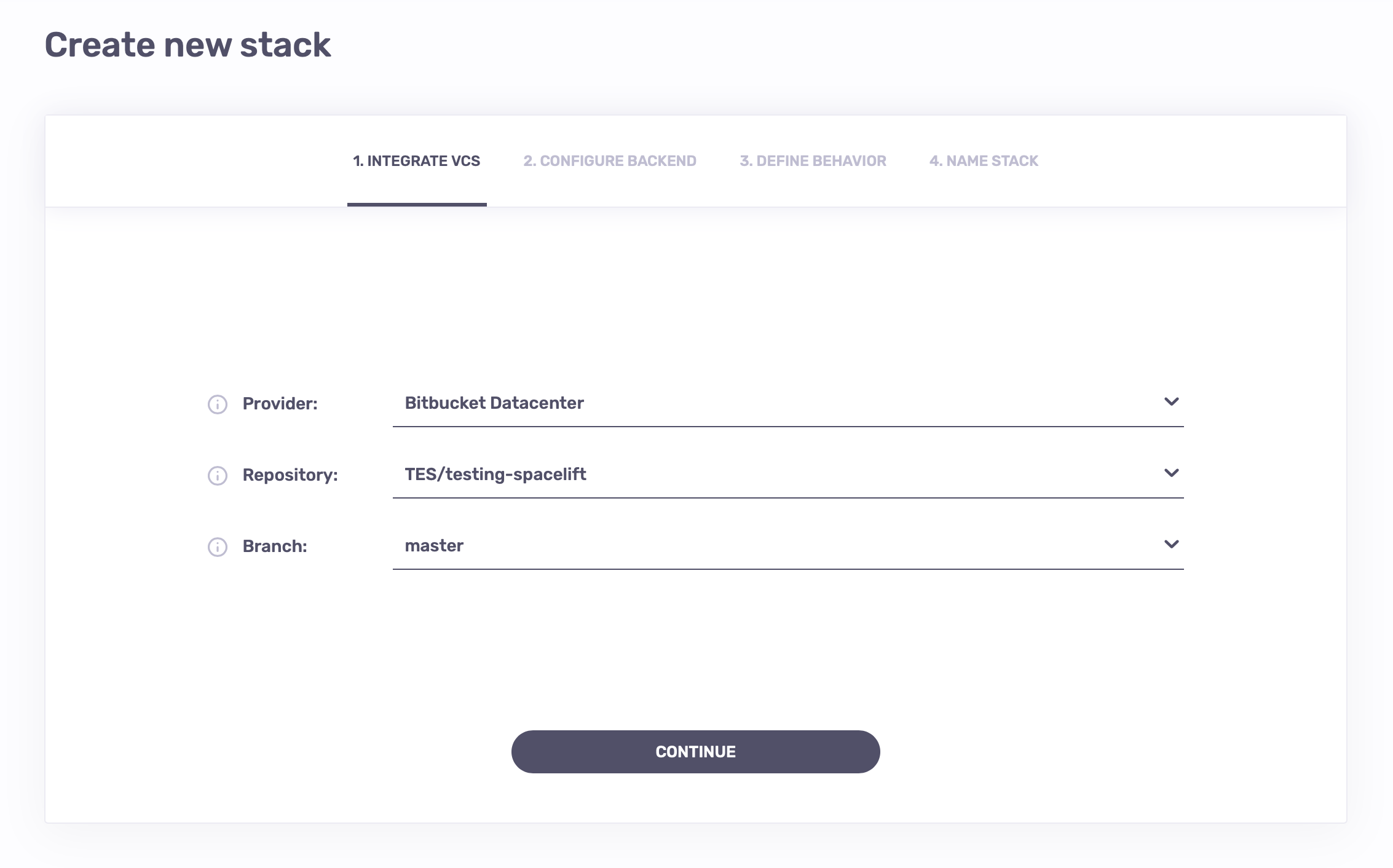 Creating a Stack with the Bitbucket Datacenter integration